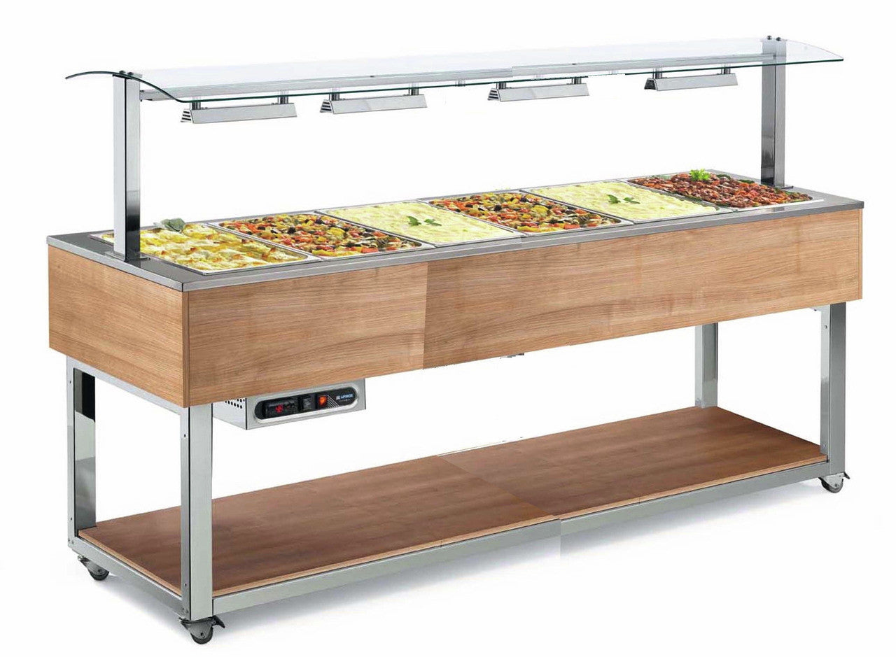 orange Büfett-Element Bain-Marie Wanne 2144 mm GN 6/1 Vollverkleidung Kirsche hell