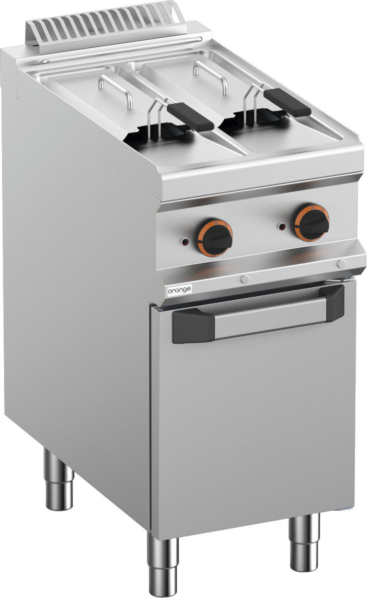 orange Elektro-Fritteuse, 2 x 7 l, mit geschlossenem Unterbau