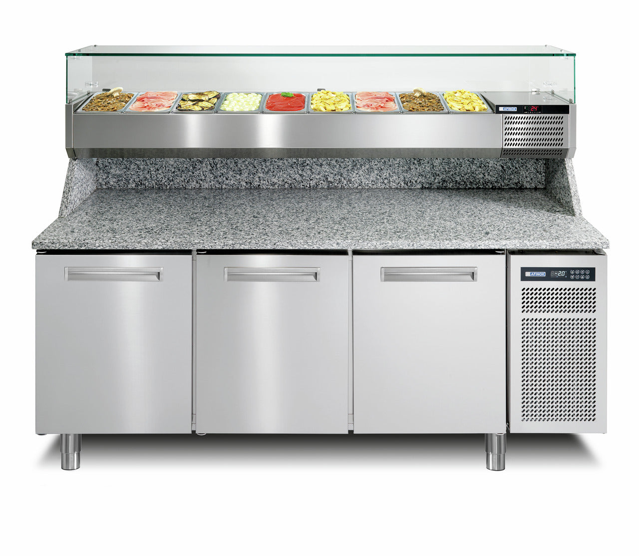 orange Pizzatisch mit Kühlaufsatzvitrine 9 x GN 1/3, 3 Türen