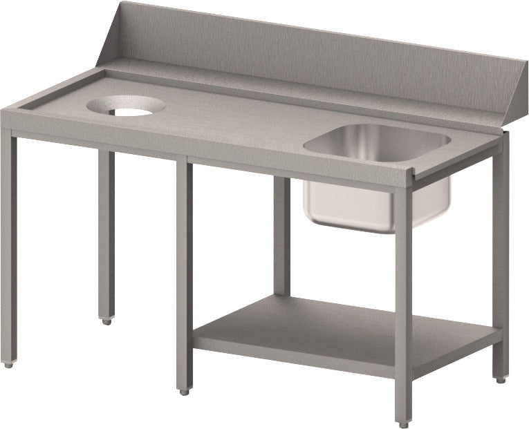 orange Zulauftisch links mit Becken, Ablagebord und Abwurfloch, 1400 mm