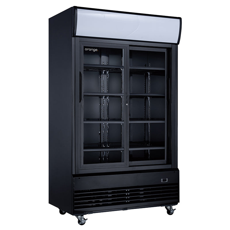 orange Getränkekühlschrank 1000L, komplett schwarz, Schiebetüren, LED-Beleuchtung
