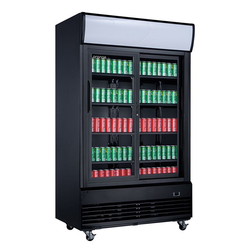 orange Getränkekühlschrank 1000L, komplett schwarz, Schiebetüren, LED-Beleuchtung