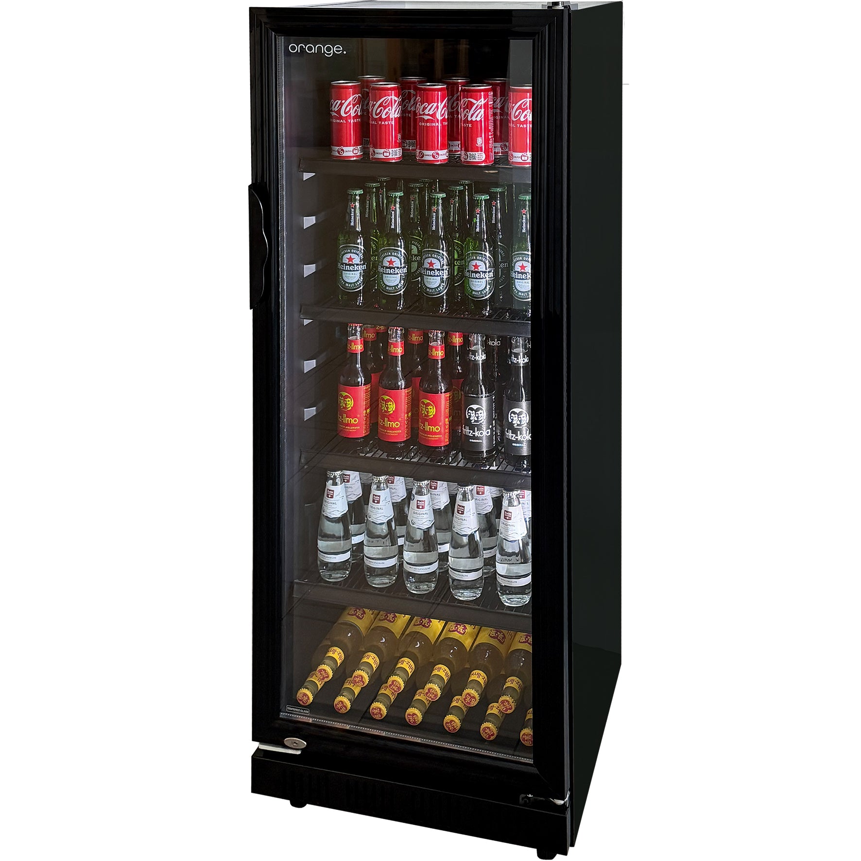orange Getränkekühlschrank 230L, komplett schwarz, LED-Beleuchtung