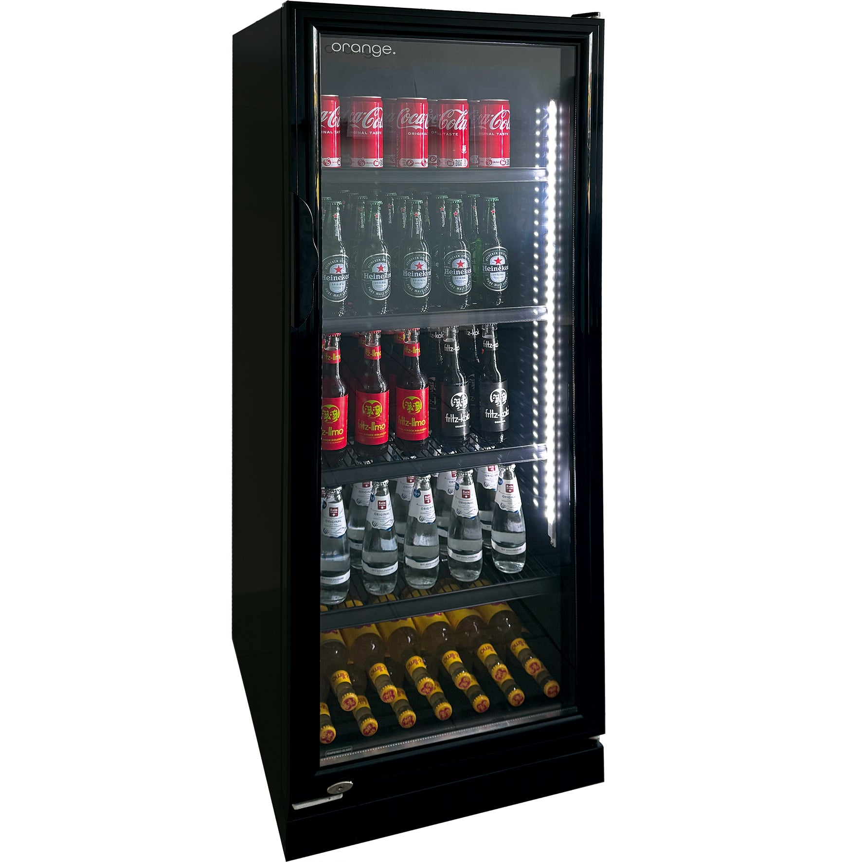 orange Getränkekühlschrank 230L, komplett schwarz, LED-Beleuchtung